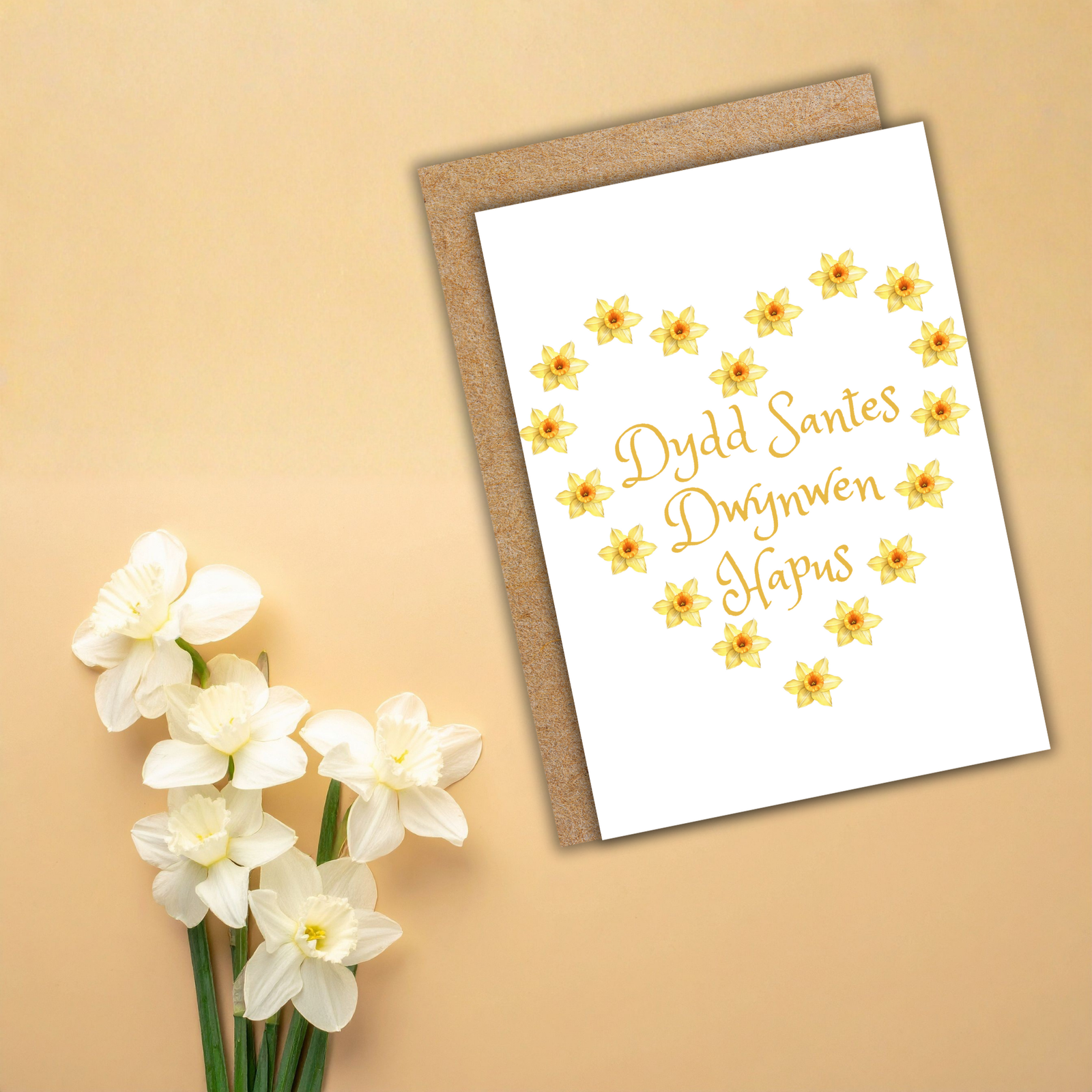 Dydd Santes Dwynwen Hapus – Welsh Daffodil Heart Card - Image 3