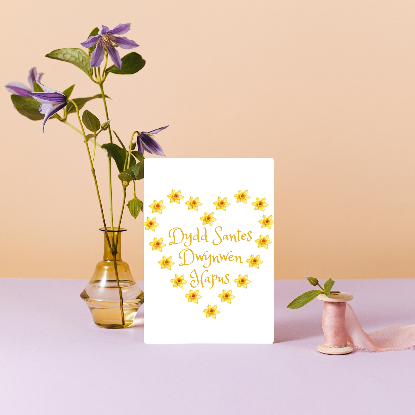 Dydd Santes Dwynwen Hapus – Welsh Daffodil Heart Card - Image 2