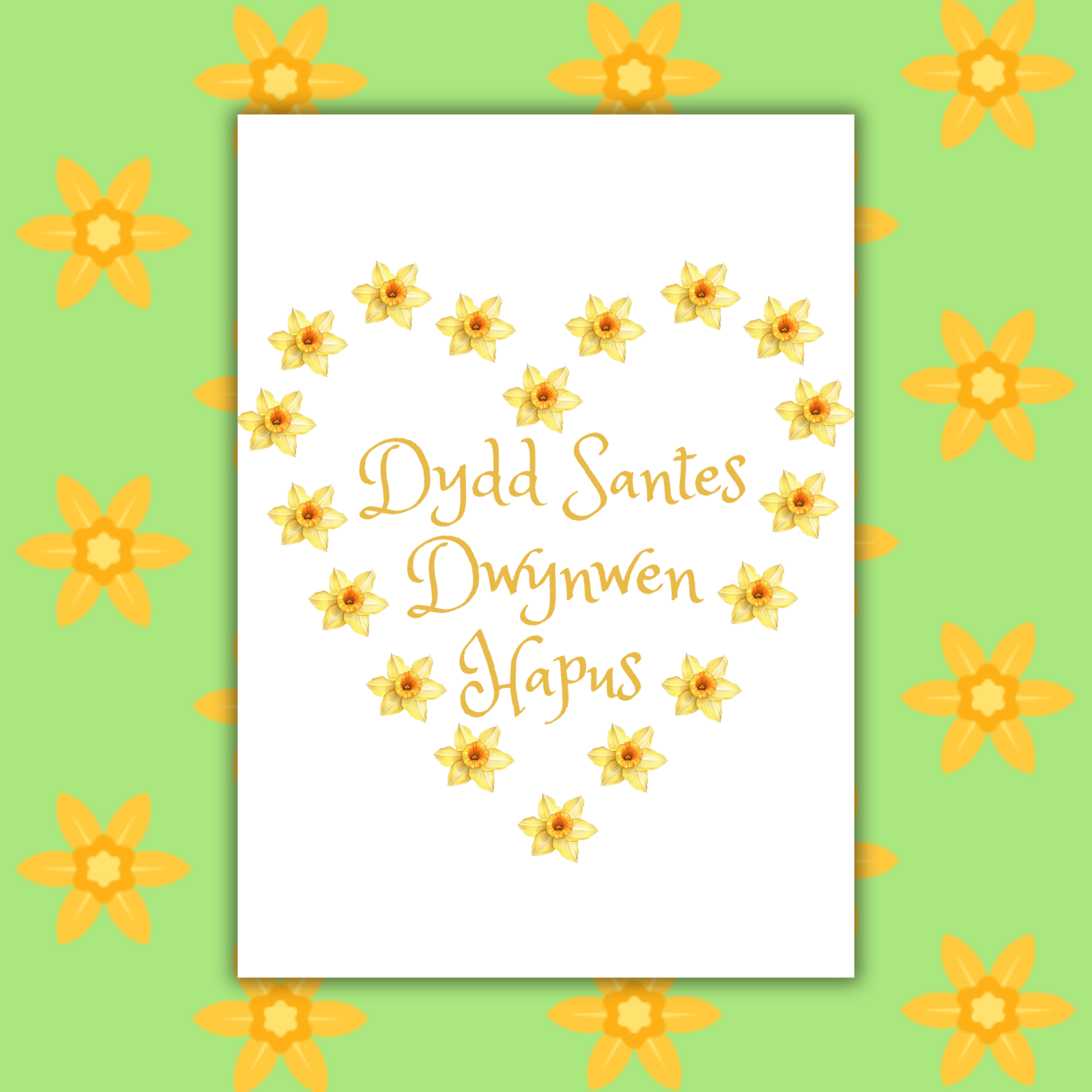 Dydd Santes Dwynwen Hapus – Welsh Daffodil Heart Card