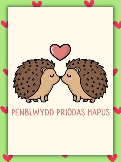 Penblwydd Priodas Hapus Welsh Language Anniversary Card - Cute Hedgehogs