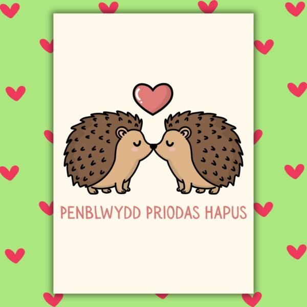 Penblwydd Priodas Hapus Welsh Language Anniversary Card - Cute Hedgehogs