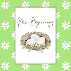 New Beginnings Ostara Card Eggs in a Nest Illustration