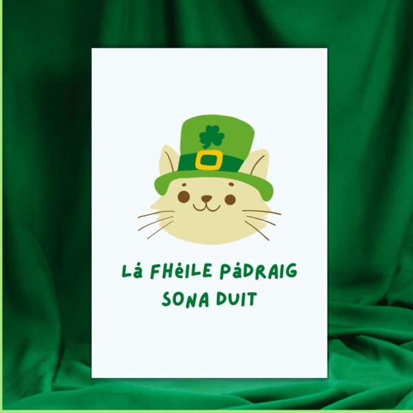 Lá Fhéile Pádraig sona duit – Irish Language St Patrick’s Day Card | Cat in Irish Hat