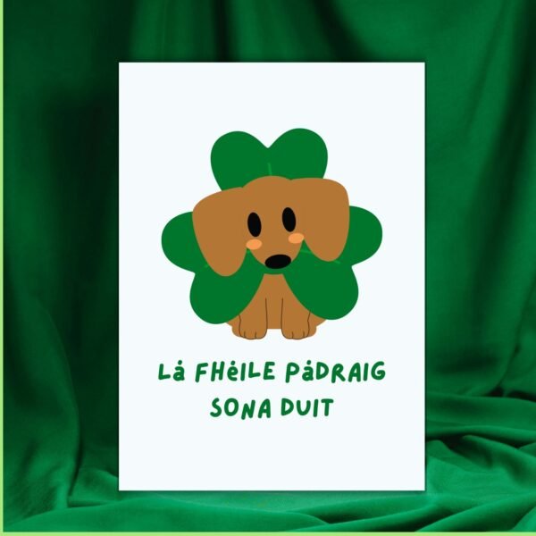 SPD Dog (1) Lá Fhéile Pádraig sona duit – Irish Language St Patrick’s Day Card | Dog with Shamrock