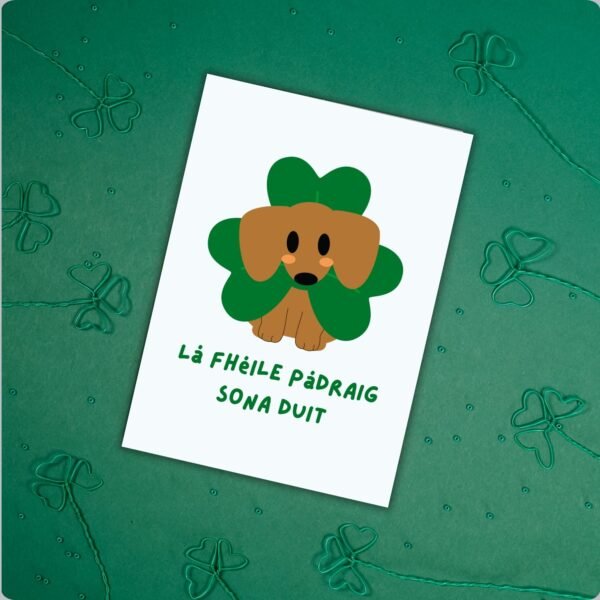 SPD Dog (2) Lá Fhéile Pádraig sona duit – Irish Language St Patrick’s Day Card | Dog with Shamrock