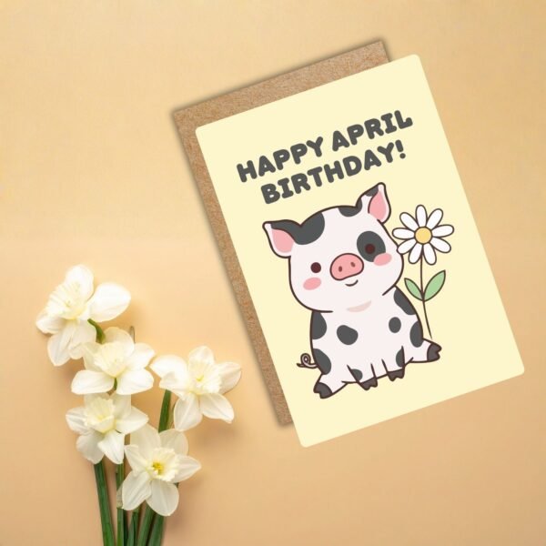 April Flower Birthday Card - Cow With Daisy