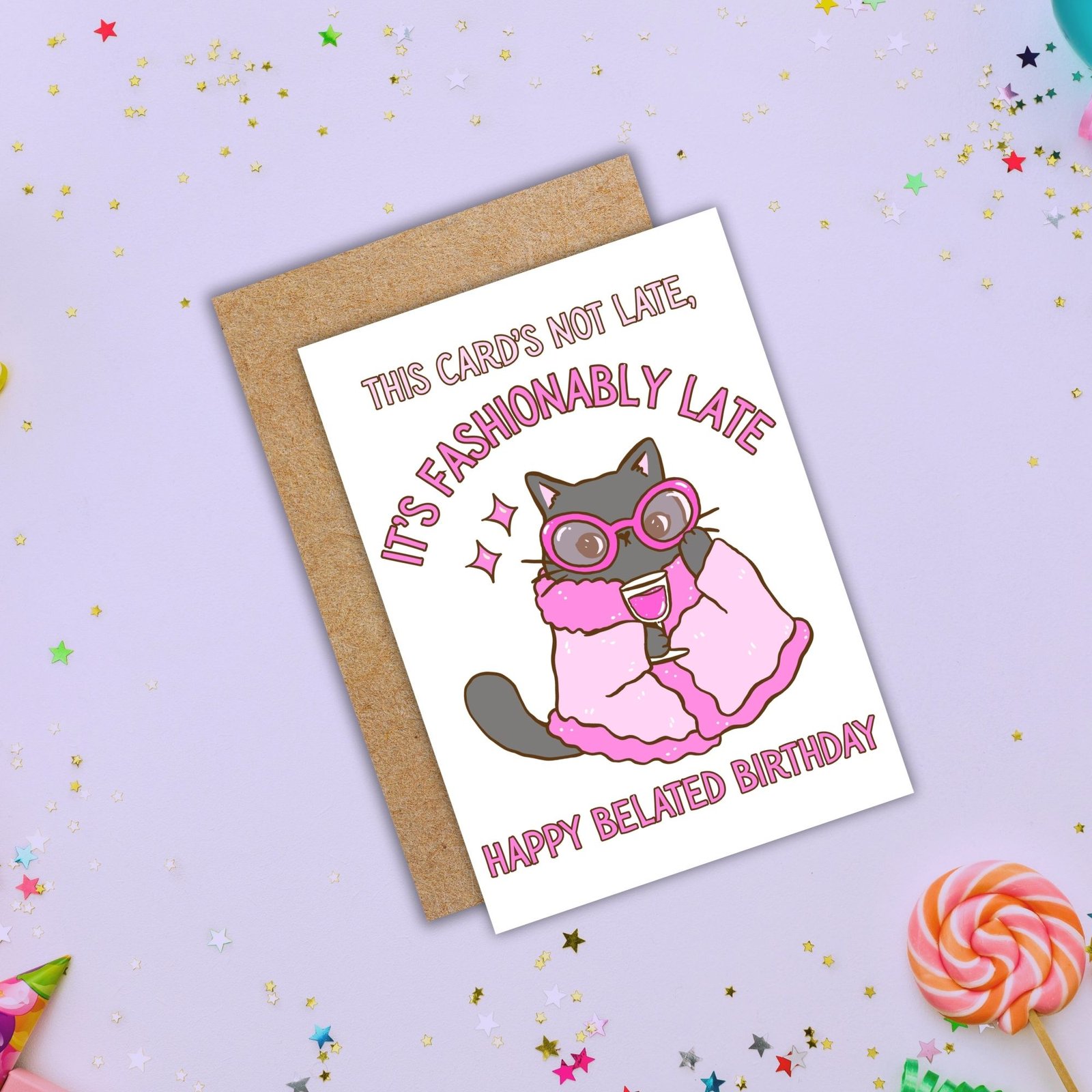 Funny Belated Birthday Card - Fashionably Late Cat - Image 4