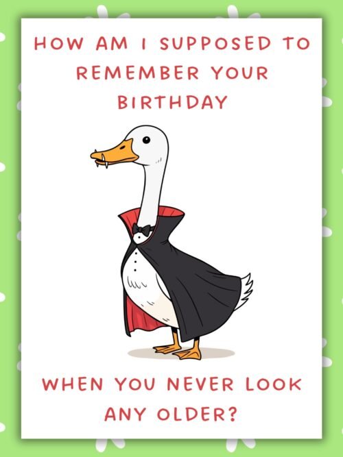 Non ageing vampire goose Birthday Card Funny Belated Birthday Card - Never Age β Vampire Goose