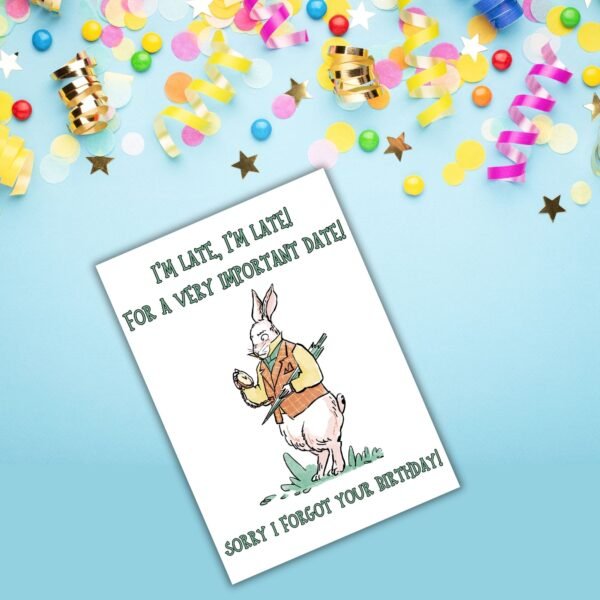 White Rabbit Belated Birthday Card (2) Alice in Wonderland White Rabbit Belated Birthday Card