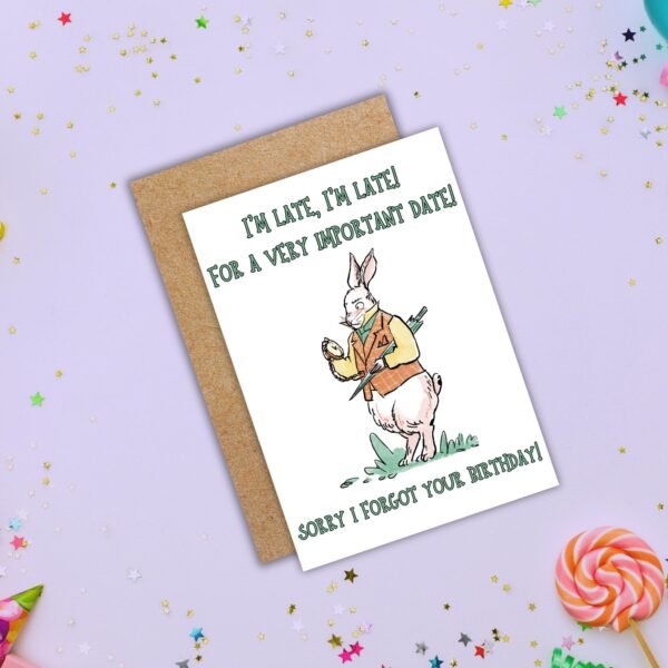 White Rabbit Belated Birthday Card (3) Alice in Wonderland White Rabbit Belated Birthday Card